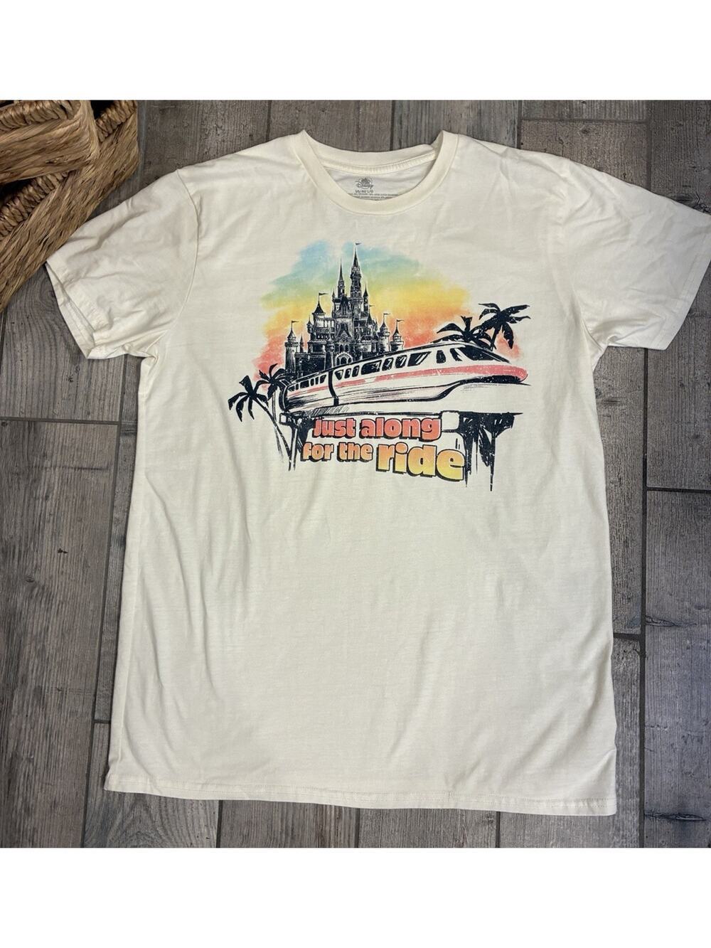 Disney Parks Monorail Just Along For The Ride Shirt Large Retro Castle Cream
